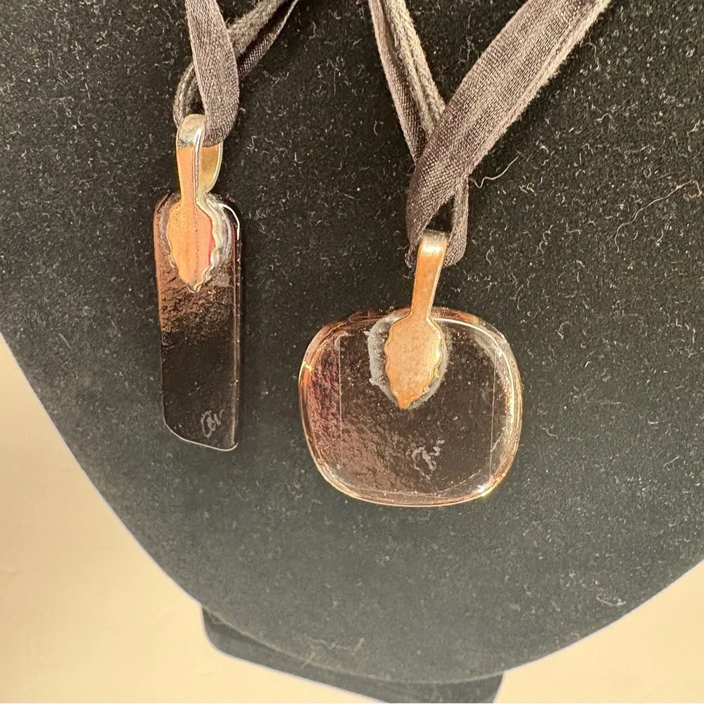 Two Handmade Artist Signed Dichroic Glass Pendant Necklaces on Black Ribbon